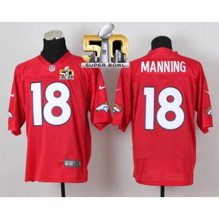 Broncos #18 Peyton Manning Red Super Bowl 50 Men's Stitched NFL Elite QB Practice Jersey