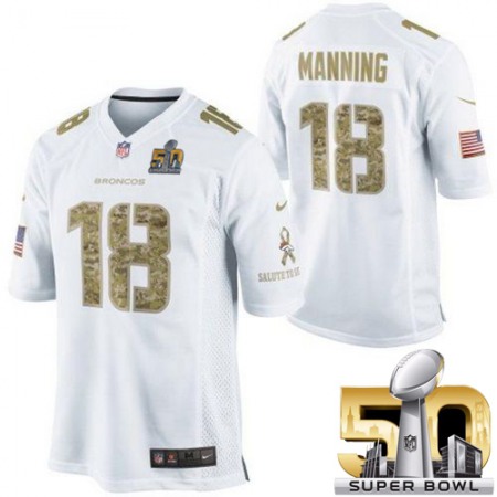 Broncos #18 Peyton Manning White Super Bowl 50 Men's Stitched NFL Limited Salute to Service Jersey