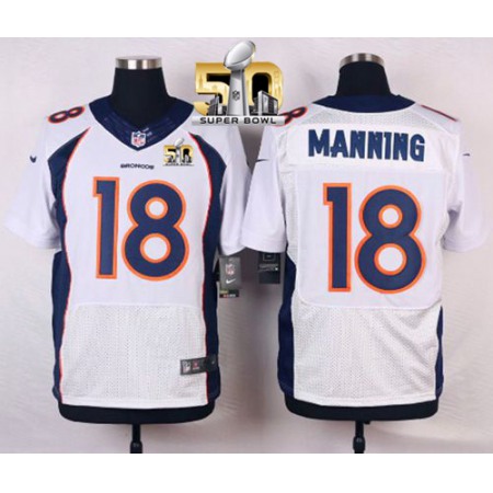 Broncos #18 Peyton Manning White Super Bowl 50 Men's Stitched NFL New Elite Jersey
