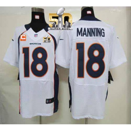 Broncos #18 Peyton Manning White With C Patch Super Bowl 50 Men's Stitched NFL Elite Jersey