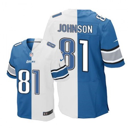 Lions #81 Calvin Johnson Blue/White Men's Stitched NFL Elite Split Jersey