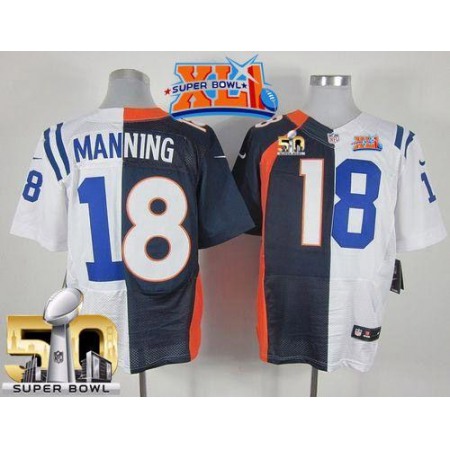 Colts #18 Peyton Manning Navy Blue/White Super Bowl XLI & Super Bowl 50 Men's Stitched NFL Elite Split Broncos Jersey