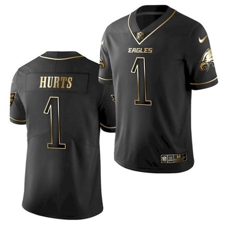 Men's Philadelphia Eagles #1 Jalen Hurts Black Golden Edition Stitched Jersey