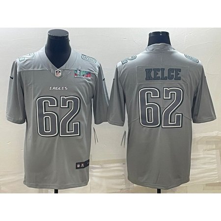 Men's Philadelphia Eagles #62 Jason Kelce Gray Super Bowl LVII Patch Atmosphere Fashion Stitched Jersey