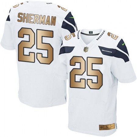 Seahawks #25 Richard Sherman White Men's Stitched NFL Elite Gold Jersey
