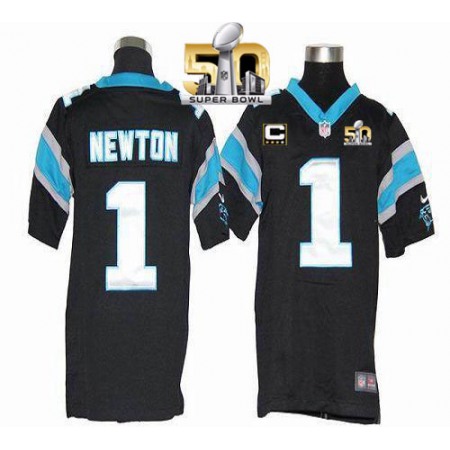 Panthers #1 Cam Newton Black Team Color With C Patch Super Bowl 50 Youth Stitched NFL Elite Jersey