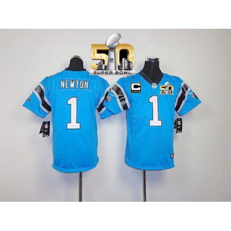 Panthers #1 Cam Newton Blue Alternate With C Patch Super Bowl 50 Youth Stitched NFL Elite Jersey