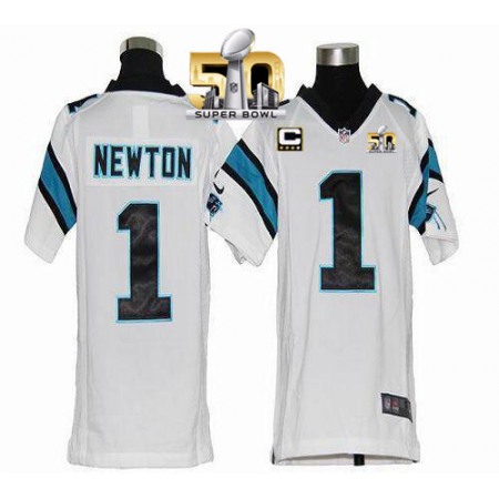 Panthers #1 Cam Newton White With C Patch Super Bowl 50 Youth Stitched NFL Elite Jersey