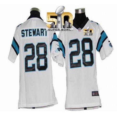 Panthers #28 Jonathan Stewart White Super Bowl 50 Youth Stitched NFL Elite Jersey