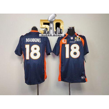 Broncos #18 Peyton Manning Blue Alternate With C Patch Super Bowl 50 Youth Stitched NFL Elite Jersey
