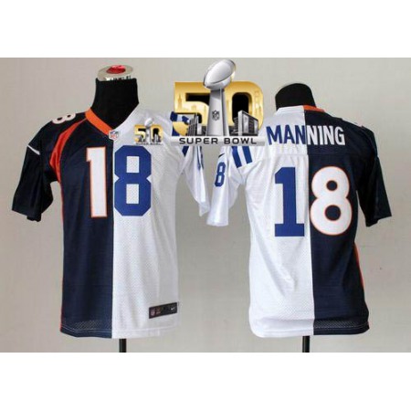 Broncos #18 Peyton Manning Blue/White Super Bowl 50 Youth Stitched NFL Elite Split Colts Jersey