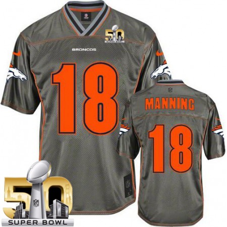 Broncos #18 Peyton Manning Grey Super Bowl 50 Youth Stitched NFL Elite Vapor Jersey