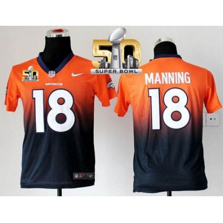Broncos #18 Peyton Manning Orange/Blue Super Bowl 50 Youth Stitched NFL Elite Fadeaway Fashion Jersey
