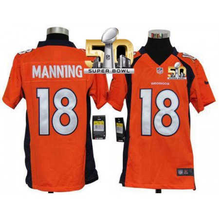 Broncos #18 Peyton Manning Orange Team Color Super Bowl 50 Youth Stitched NFL Elite Jersey