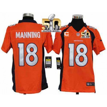 Broncos #18 Peyton Manning Orange Team Color With C Patch Super Bowl 50 Youth Stitched NFL Elite Jersey