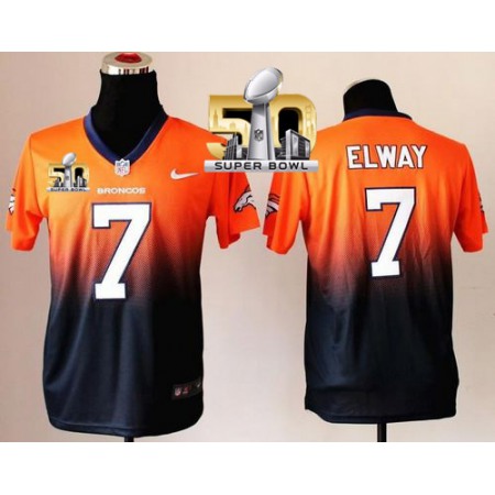 Broncos #7 John Elway Orange/Blue Super Bowl 50 Youth Stitched NFL Elite Fadeaway Fashion Jersey