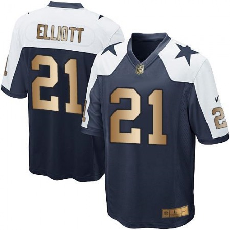 Cowboys #21 Ezekiel Elliott Navy Blue Thanksgiving Throwback Youth Stitched NFL Elite Gold Jersey