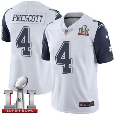 Cowboys #4 Dak Prescott White Youth Stitched NFL Super Bowl LI 51 Limited Rush Jersey