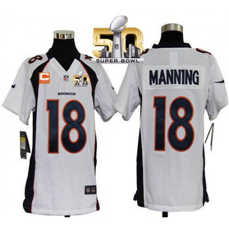 Broncos #18 Peyton Manning White With C Patch Super Bowl 50 Youth Stitched NFL Elite Jersey