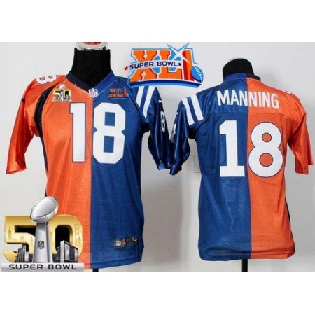 Colts #18 Peyton Manning Orange/Blue Super Bowl XLI & Super Bowl 50 Youth Stitched NFL Elite Split Broncos Jersey