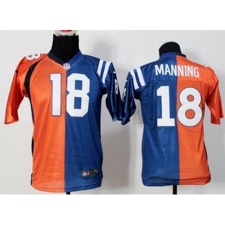 Colts #18 Peyton Manning Orange/Blue Youth Stitched NFL Elite Split Broncos Jersey