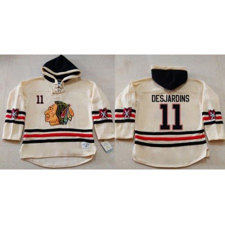 Blackhawks #11 Andrew Desjardins Cream Heavyweight Pullover Hoodie Stitched NHL Jersey