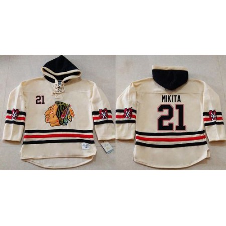 Blackhawks #21 Stan Mikita Cream Heavyweight Pullover Hoodie Stitched NHL Jersey