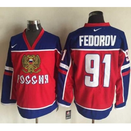 Red Wings #91 Sergei Fedorov Red/Blue Stitched NHL Jersey