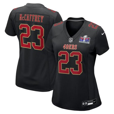Women's San Francisco 49ers #23 Christian McCaffrey Black Super Bowl LVIII Carbon Fashion Game Player Jersey
