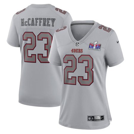 Women's San Francisco 49ers #23 Christian McCaffrey Gray Super Bowl LVIII Atmosphere Fashion Game Jersey